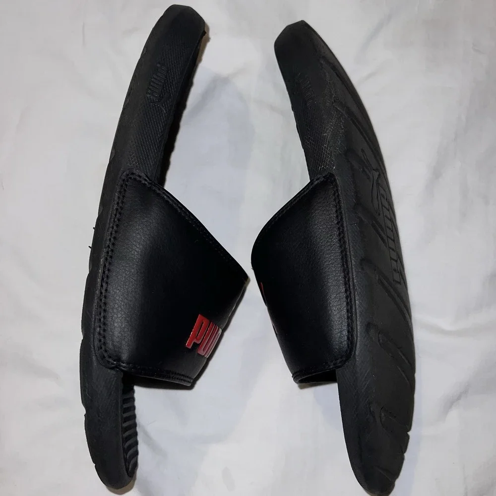 Puma Sandals Mens 9 Cool Cat Casual Slip On Flats Slides Black Red Faux Leather - Picture 4 of 9
